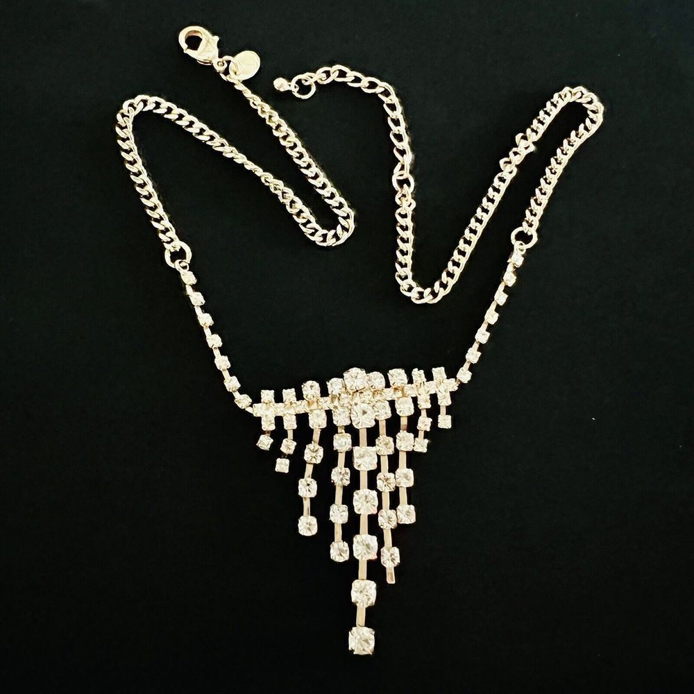 Vintage Charming Charlie Necklace Jeweled Clear Rhinestone Y Gold Tone 1521
